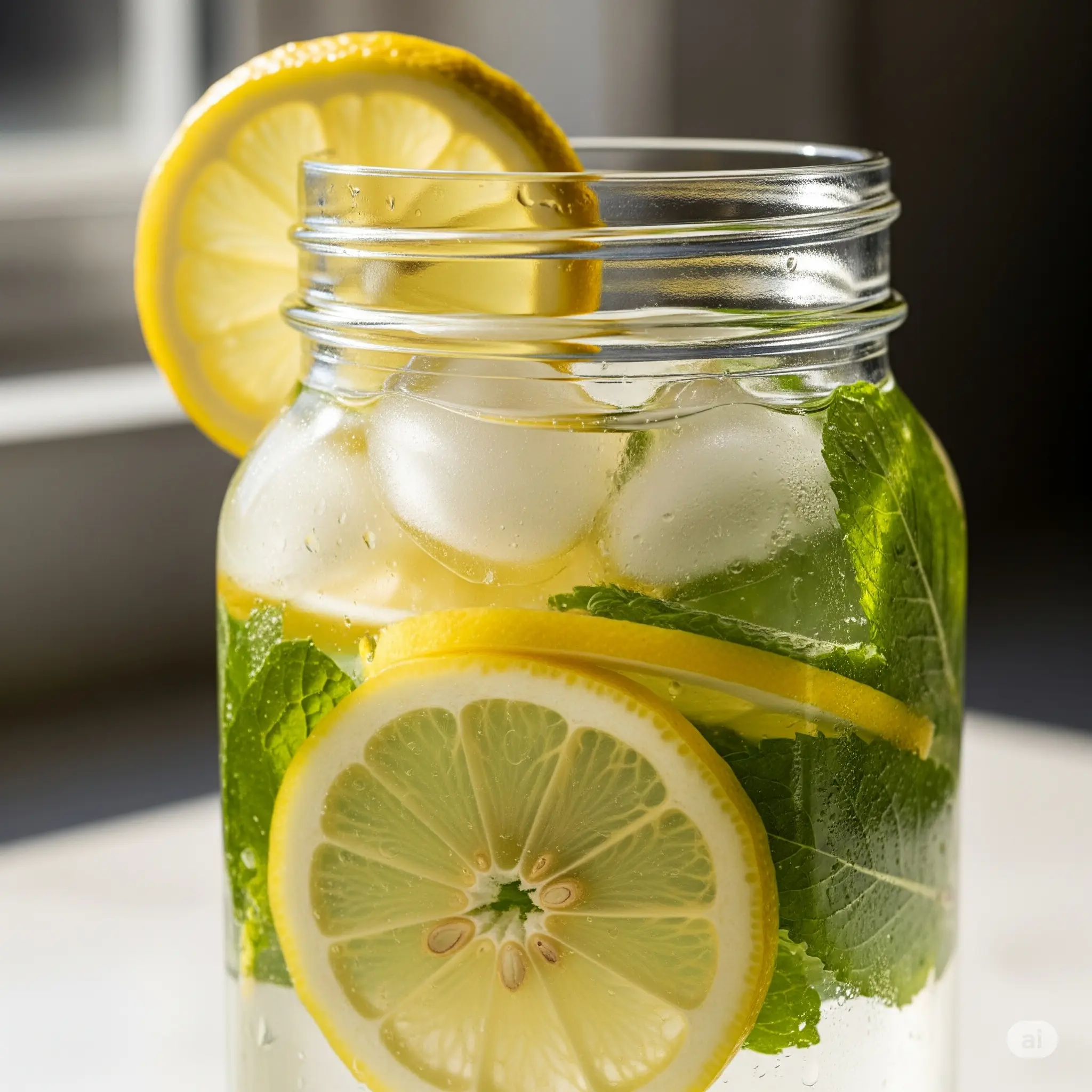 Mason jar with lemon, mint, and ice infused water